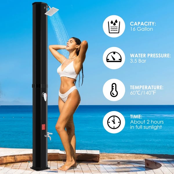 Aurinkokäyttöinen ulkosuihku, vapaasti seisova 60 l (16 gal), 360° suihkupää & jalkahuuhtelu, lämpötilansäätö jopa 60°C, suojapeite, musta