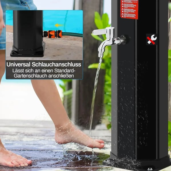 Aurinkokäyttöinen ulkosuihku, vapaasti seisova 60 l (16 gal), 360° suihkupää & jalkahuuhtelu, lämpötilansäätö jopa 60°C, suojapeite, musta