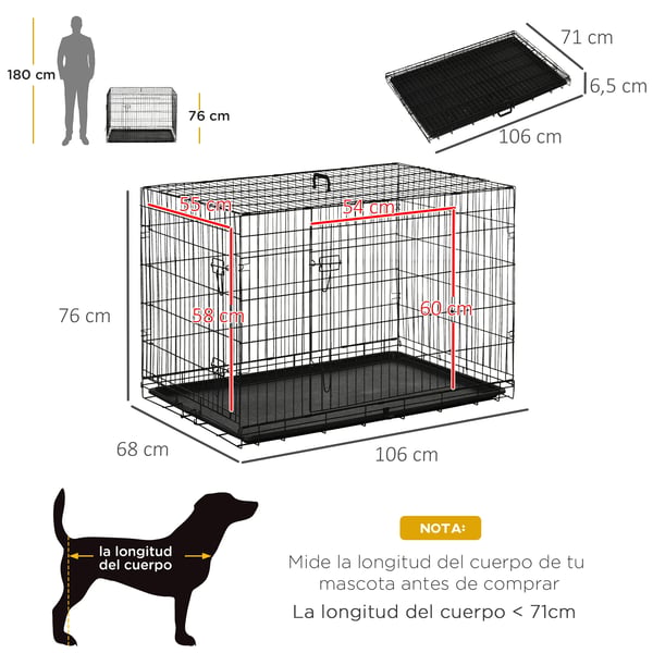 Hundbur - Transportbur - Metall - 106x68x76 cm - För medelstora hundar - Svart