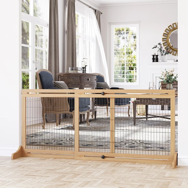 Hundgrind i trä - Trappgrind - Justerbar 104–183 cm - Höjd 69 cm - För trappor och dörröppningar - Naturträ