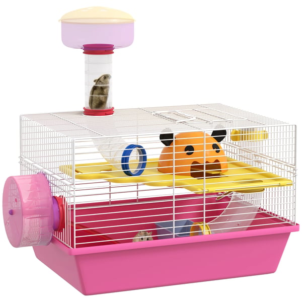 Hamsterbur - Smådjursbur - Med vattenflaska och löphjul - 34×27×25 cm - Plast - Rosa