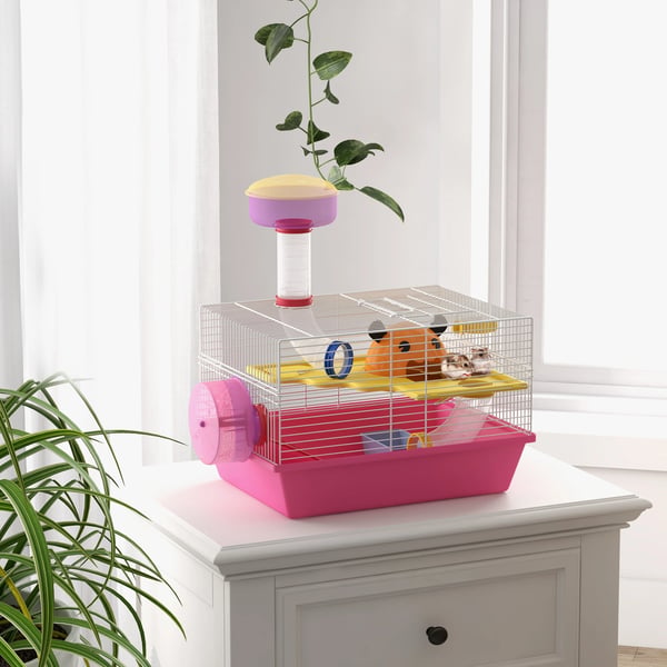 Hamsterbur - Smådjursbur - Med vattenflaska och löphjul - 34×27×25 cm - Plast - Rosa