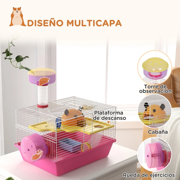 Hamsterbur - Smådjursbur - Med vattenflaska och löphjul - 34×27×25 cm - Plast - Rosa