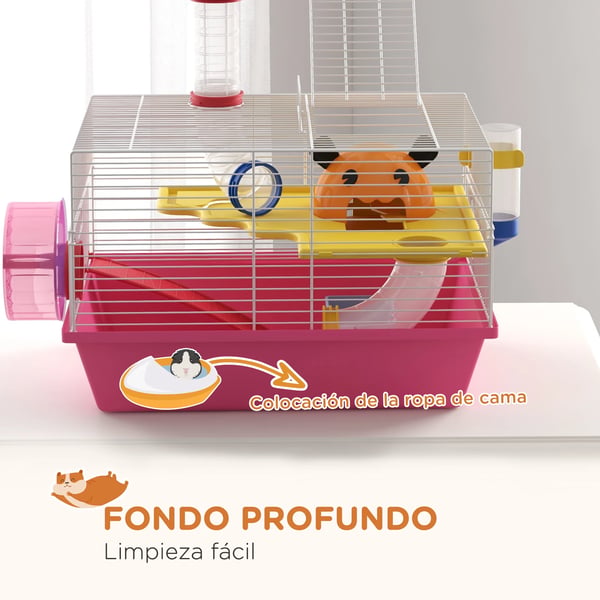 Hamsterbur - Smådjursbur - Med vattenflaska och löphjul - 34×27×25 cm - Plast - Rosa
