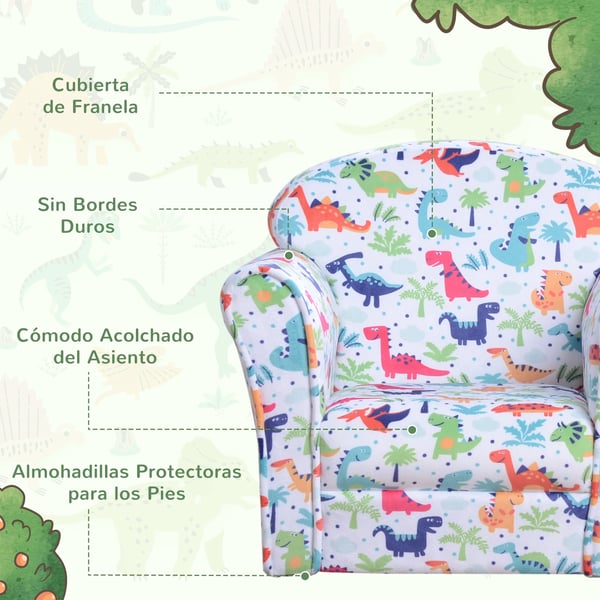 Barnfåtölj - Armstol för barn - Dinosauriemotiv - Från 18 månader - 50×39×44 cm - Montering krävs - Flerfärgad