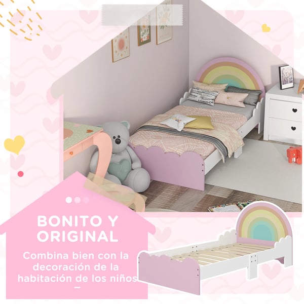 Barnsäng - Juniorsäng - För barn 3–6 år - Med skyddssidor - Trä - 143×74×66 cm - Montering krävs - Utan låda - Rosa