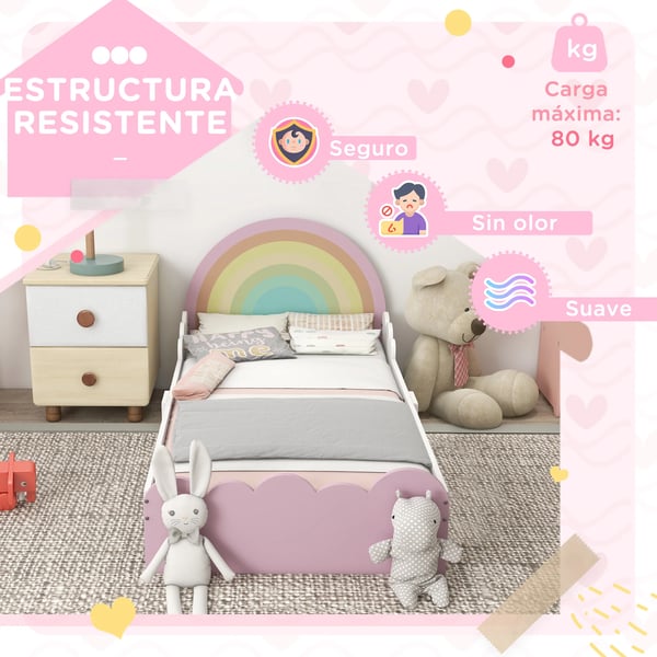 Barnsäng - Juniorsäng - För barn 3–6 år - Med skyddssidor - Trä - 143×74×66 cm - Montering krävs - Utan låda - Rosa