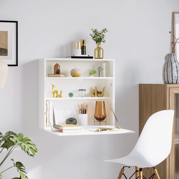 Väggmonterat fällbart bord - Skrivbord med hyllor - 64×20×60 cm - Platsbesparande - Rektangulär - Melaminträ - Vit