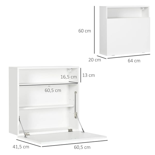 Väggmonterat fällbart bord - Skrivbord med hyllor - 64×20×60 cm - Platsbesparande - Rektangulär - Melaminträ - Vit