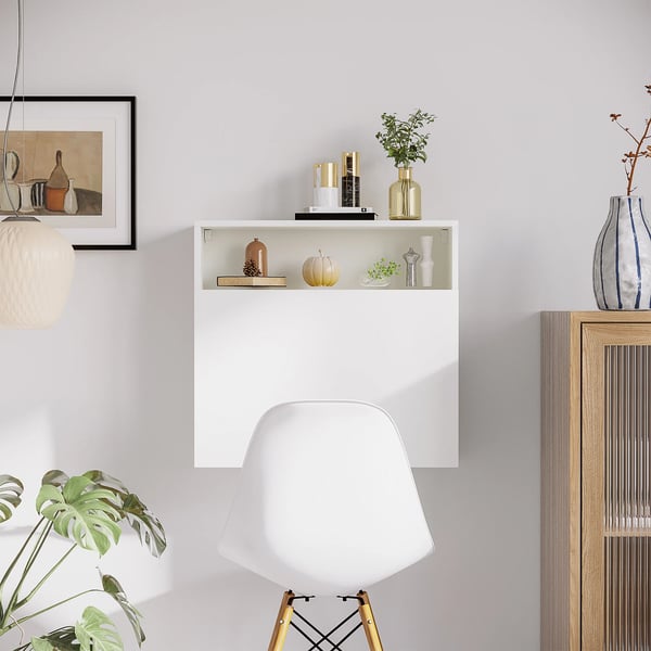 Väggmonterat fällbart bord - Skrivbord med hyllor - 64×20×60 cm - Platsbesparande - Rektangulär - Melaminträ - Vit