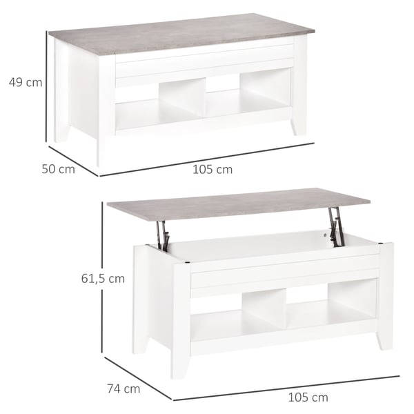 Soffbord med lyftskiva - Vardagsrumsbord - 2 fack - Melamin - 105x50x49 cm - Vit