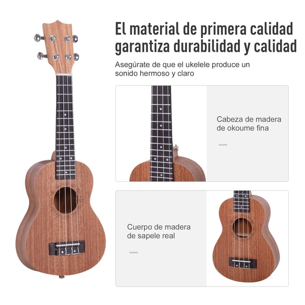 Ukulele - Sopran 53 cm - För Nybörjare - Sapele-kropp & Greppbräda - Lönn baksida/sidor - Nylonsträngar - 12 band