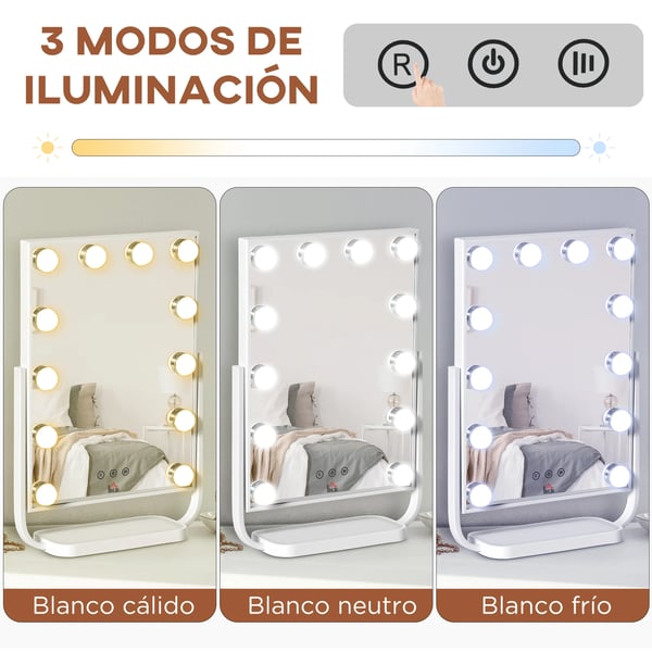 Sminkspegel - LED makeupspegel - 12 LED-lampor - 3 färglägen - 32,8 x 11 x 47,4 cm - Vit