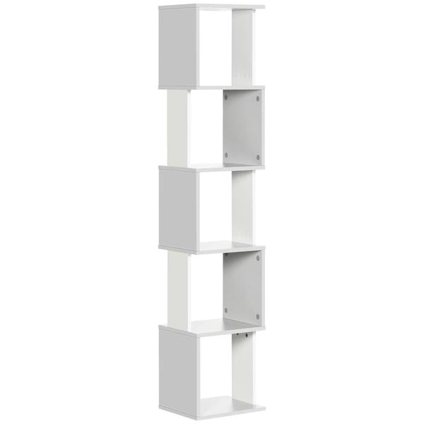 S-formad bokhylla - Hyllsystem för vardagsrum/kontor - 50x24x106 cm - Melaminbelagd träskiva - Fristående - Montering krävs - Vit/Grå