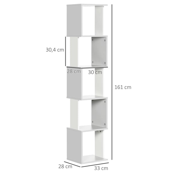 S-formad bokhylla - Hyllsystem för vardagsrum/kontor - 50x24x106 cm - Melaminbelagd träskiva - Fristående - Montering krävs - Vit/Grå
