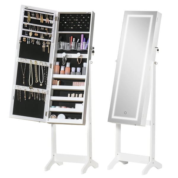 Smyckesskåp med spegel - Fristående golvspegel - LED-belysning - Låsbar - 46 x 36,5 x 151,5 cm - MDF & glas - Vit
