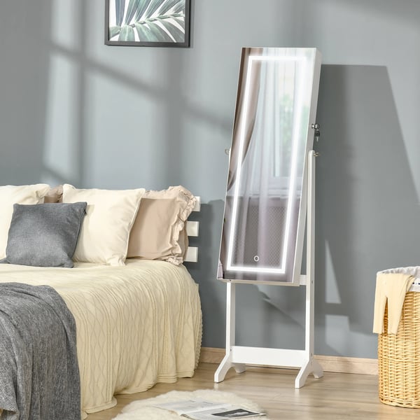 Smyckesskåp med spegel - Fristående golvspegel - LED-belysning - Låsbar - 46 x 36,5 x 151,5 cm - MDF & glas - Vit