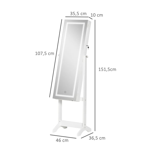 Smyckesskåp med spegel - Fristående golvspegel - LED-belysning - Låsbar - 46 x 36,5 x 151,5 cm - MDF & glas - Vit
