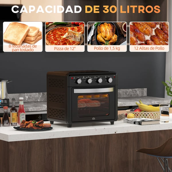 Elektrisk bänkugn - Miniugn - 30 L - 1600 W - 43×39×39 cm - Multifunktion - EU-kontakt - Svart