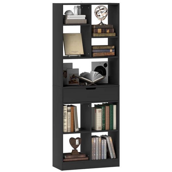 Bokhylla - Hyllsystem - 1 Låda - 9 Öppna Fack - 60x26x158 cm - MDF - Minimalistisk Stil - Självmontering - Svart