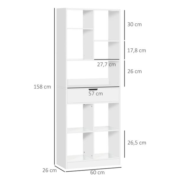 Bokhylla & Förvaringshylla - Hyllenhet - En Låda - Nio Öppna Fack - MDF - Storlek 60x26x158 cm - Minimalistisk Design - Vit