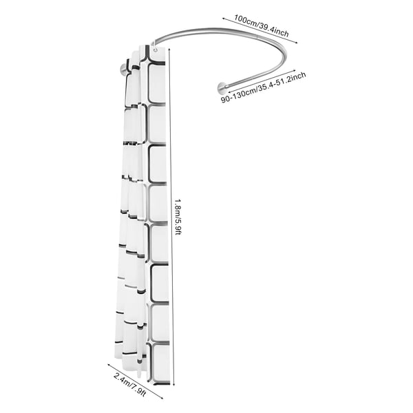 Brusestang med forhæng - L-form - Uden boring - Justerbar 0,9–1,3 m - Rustfri stålstang - Forhæng 180×210 cm polyester ternet - Hvid