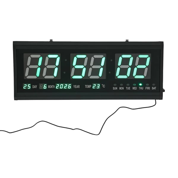 Stor LED digital væg-/bordur, 220V, 48×19 cm, grønne cifre, tid/temp/dato/uge, auto-dæmpning, lydløs