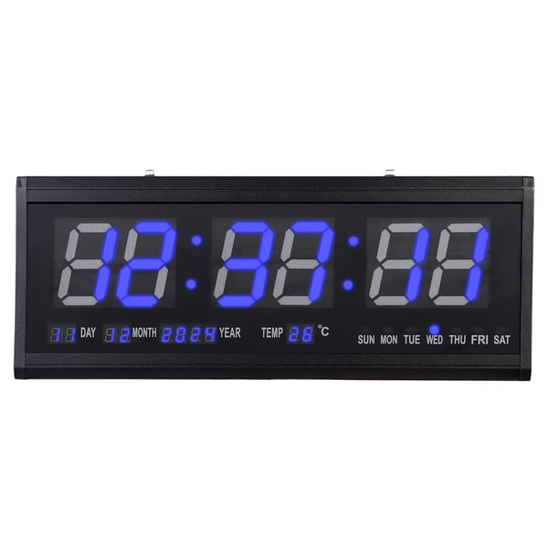 Stor LED-vægur 220V, 48×19 cm, blå cifre, tid/temp/dato/uge, auto-dæmper, lydløst, bord- & vægmontering