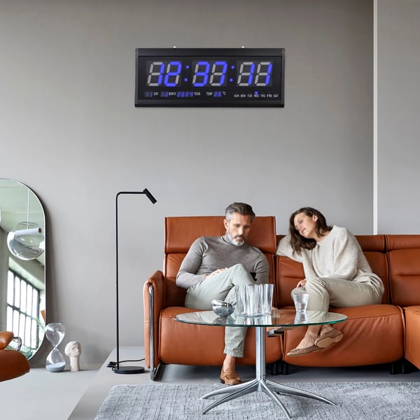 Stor LED-vægur 220V, 48×19 cm, blå cifre, tid/temp/dato/uge, auto-dæmper, lydløst, bord- & vægmontering