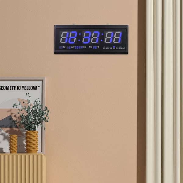 Stor LED-vægur 220V, 48×19 cm, blå cifre, tid/temp/dato/uge, auto-dæmper, lydløst, bord- & vægmontering