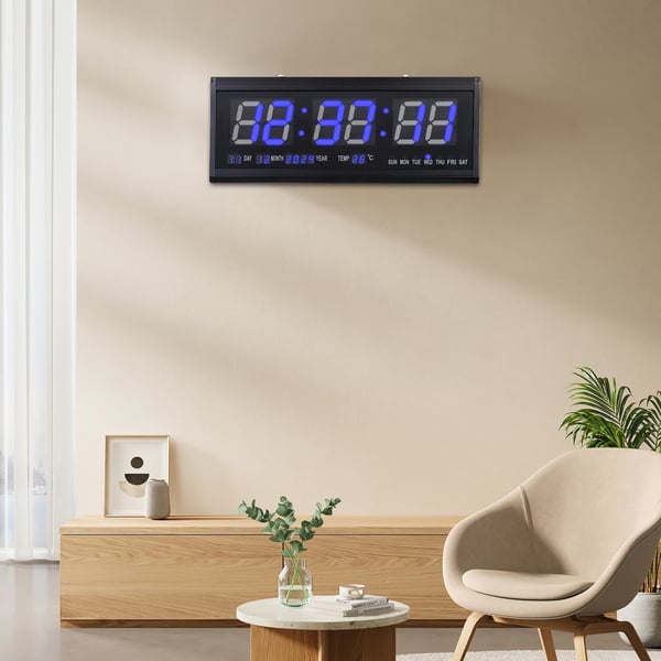 Stor LED-vægur 220V, 48×19 cm, blå cifre, tid/temp/dato/uge, auto-dæmper, lydløst, bord- & vægmontering