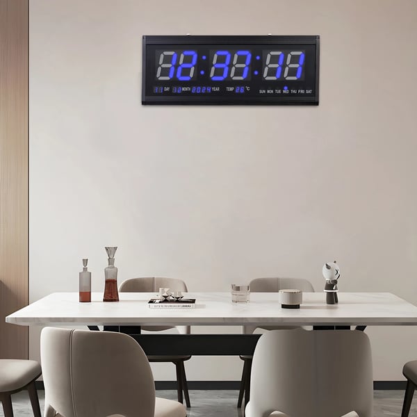 Stor LED-vægur 220V, 48×19 cm, blå cifre, tid/temp/dato/uge, auto-dæmper, lydløst, bord- & vægmontering