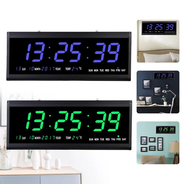 Stor LED-vægur 220V, 48×19 cm, blå cifre, tid/temp/dato/uge, auto-dæmper, lydløst, bord- & vægmontering
