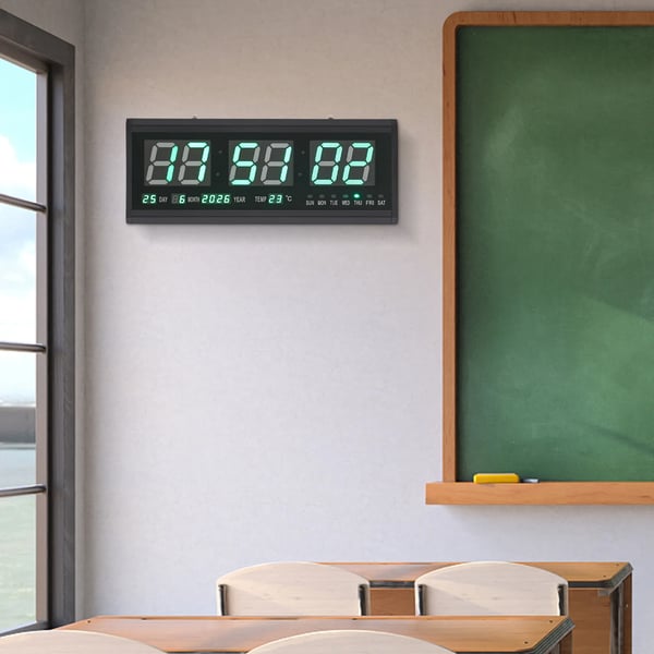 Stor LED digital vägg-/bordsklocka, 220V, 48×19 cm, gröna siffror, tid/temp/datum/vecka, auto-dimmer, tyst