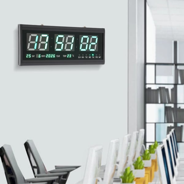 Stor LED-vægur 220V, 48×19 cm, blå cifre, tid/temp/dato/uge, auto-dæmper, lydløst, bord- & vægmontering