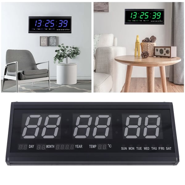 Stor LED-vægur 220V, 48×19 cm, blå cifre, tid/temp/dato/uge, auto-dæmper, lydløst, bord- & vægmontering