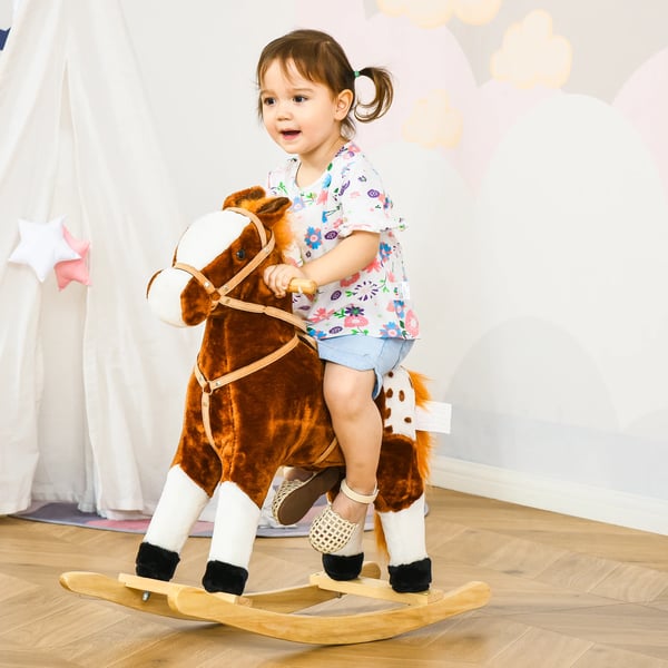 Gunghäst för Barn - Ride-on Leksak - Träbas - Mjuk Plysch - Ålder 3–6 År