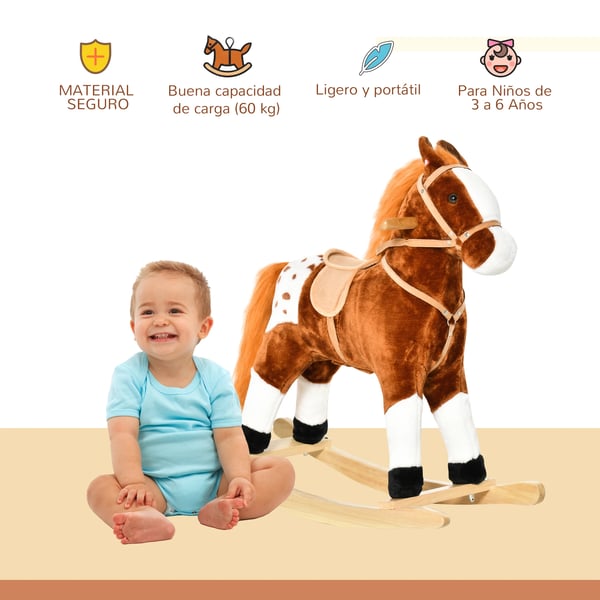 Gunghäst för Barn - Ride-on Leksak - Träbas - Mjuk Plysch - Ålder 3–6 År