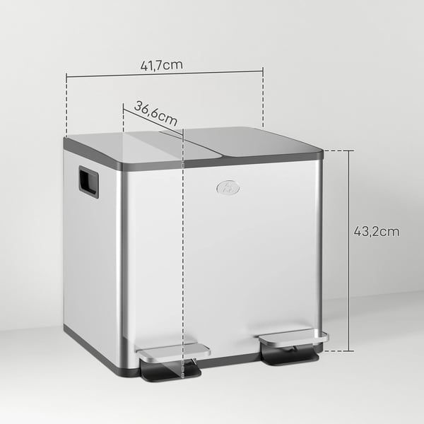Kökssoptunna - Sopkärl med 2 fack - 2×15 L (30 L totalt) - Avfallssortering - Silver