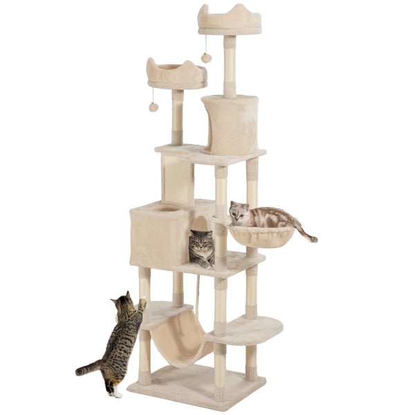 Katträd - Klösträd - Höjd 206 cm - 5 Nivåer - Hängmattor - Trä - Beige