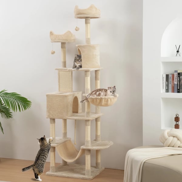 Kattklösträd - Klätterträd - Höjd 206 cm - 5 nivåer - Med hängmattor - Trä - Grå