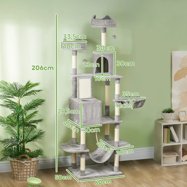 Kattklösträd - Klätterträd - Höjd 206 cm - 5 nivåer - Med hängmattor - Trä - Grå