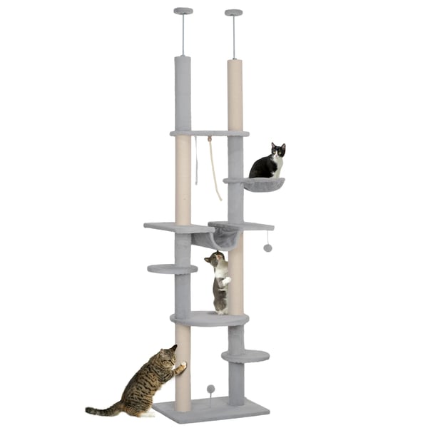Golv-till-tak klösträd - Kattträd - Justerbar Höjd 225–255 cm - Trä - 5+ Nivåer - Vit