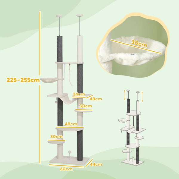 Golv-till-tak klösträd - Kattträd - Justerbar Höjd 225–255 cm - Trä - 5+ Nivåer - Vit