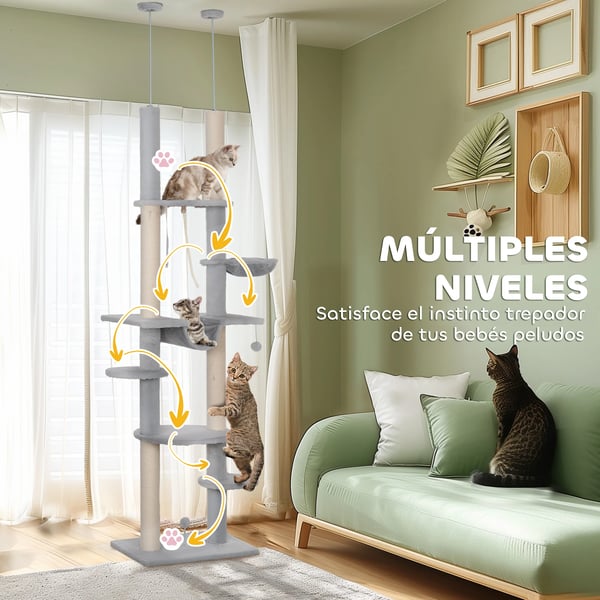 Golv-till-tak klösträd - Kattträd - Justerbar Höjd 225–255 cm - Trä - 5+ Nivåer - Vit