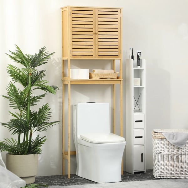Badrumsmöbel - Skåp över toalett - 2 dörrar - 1 innerhylla - 60 x 23 x 173 cm - MDF & bambu - Montering krävs - Naturträ