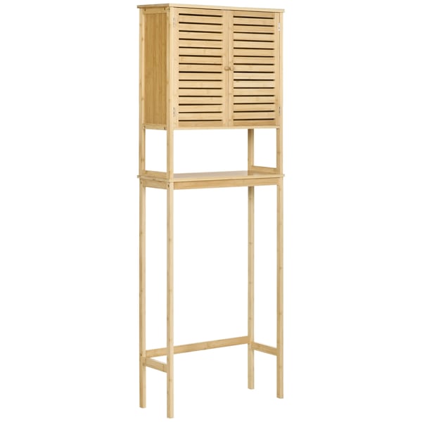 Badrumsmöbel - Skåp över toalett - 2 dörrar - 1 innerhylla - 60 x 23 x 173 cm - MDF & bambu - Montering krävs - Naturträ