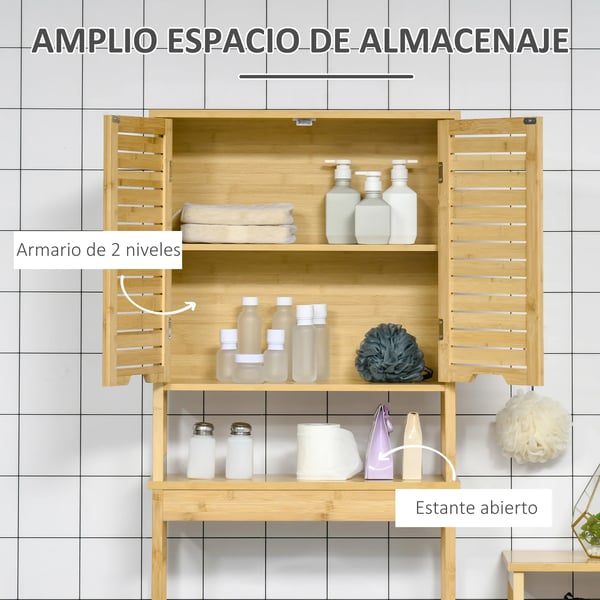 Badrumsmöbel - Skåp över toalett - 2 dörrar - 1 innerhylla - 60 x 23 x 173 cm - MDF & bambu - Montering krävs - Naturträ