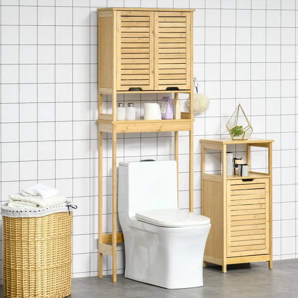 Badrumsmöbel - Skåp över toalett - 2 dörrar - 1 innerhylla - 60 x 23 x 173 cm - MDF & bambu - Montering krävs - Naturträ
