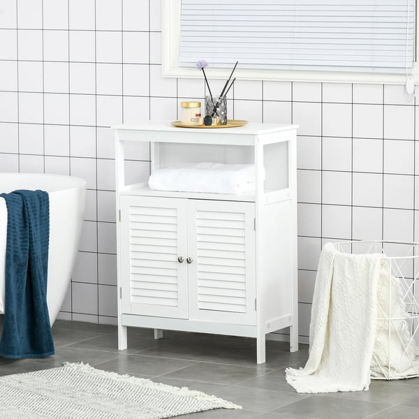 Badrumsskåp - Golvskåp - Två dörrar - Lamelluckor - Hyllor - Mått 60 x 30 x 81,6 cm - MDF & trä - Montering krävs